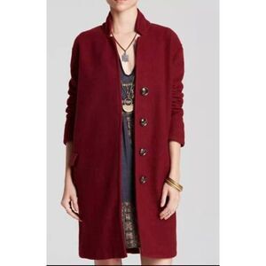 Free People FP Long & Lean Overcoat Red Wool Blend Button Down Coat Oversized